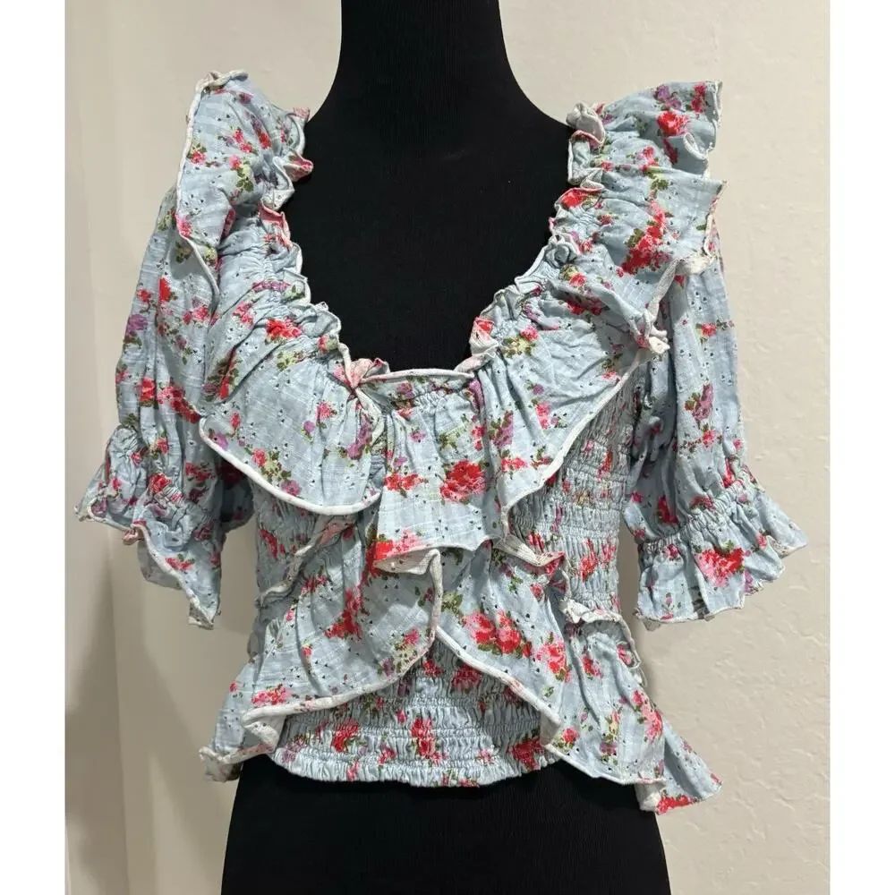 Free People Favorite Girl Ruffle Top Cottage Core Floral Smocked Boho Medium